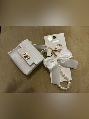 Express White Satin Bow & Pearl Keychain Bag Charm with Gold Hardware